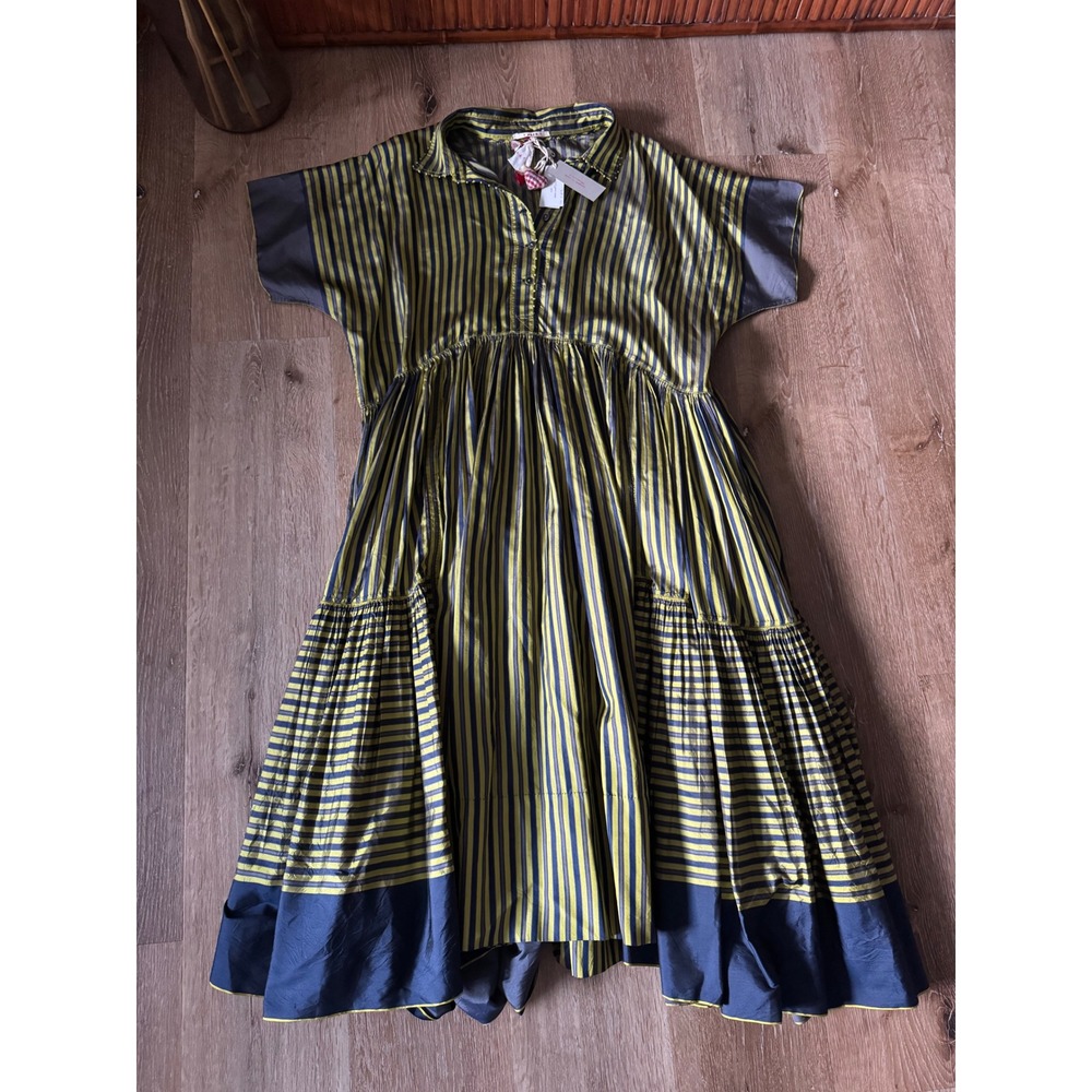 Pero NWT Silk Handmade Striped Midi Dress Green Navy Blue Size 40